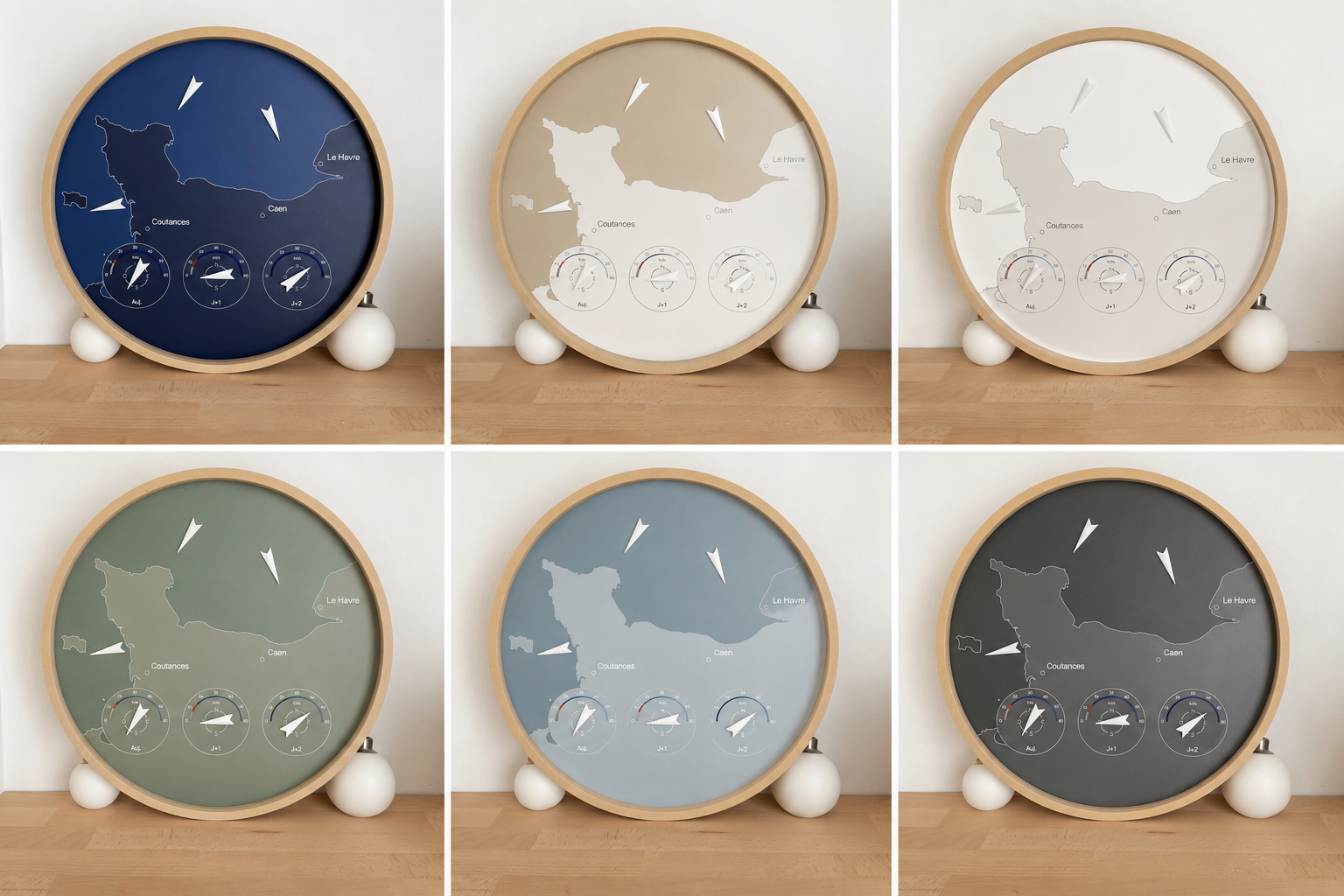 Six variantes de coloris de L'Horloge du Vent : bleu nuit, sable, blanc, sauge, bleu brume et ardoise.